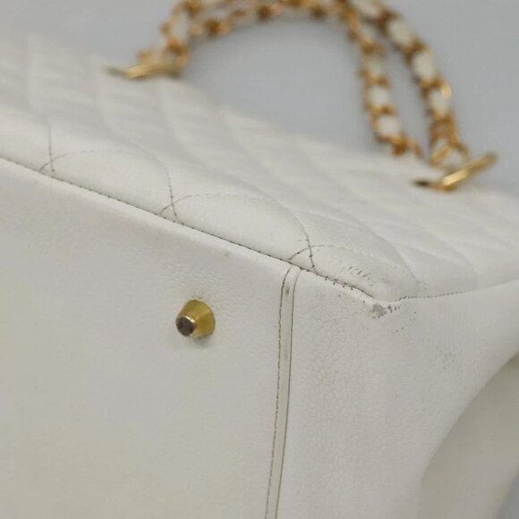 CHANEL COCO Mark Chain Hand Bag Grained Calf Skin White Gold CC Auth gh687 - Picture 5 of 16